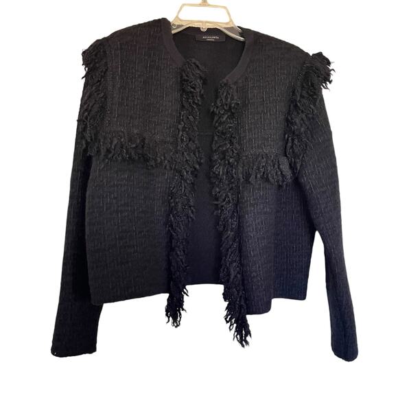 All Saints Ashley Black Tassel Tweed Open Wool Jacket Size Medium - Picture 2 of 11
